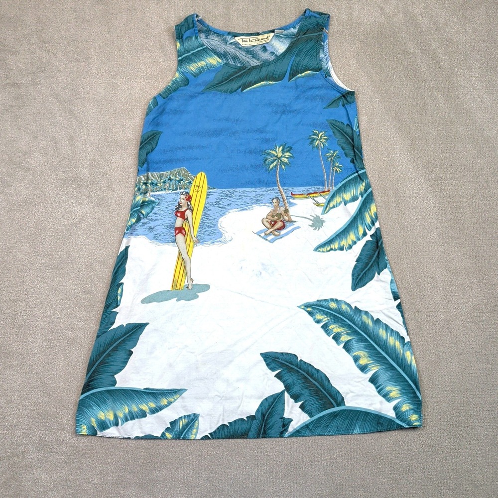 Vintage Tori Richard Dress Womens XS Blue Tropical Beach Scene Pin Up Surfer